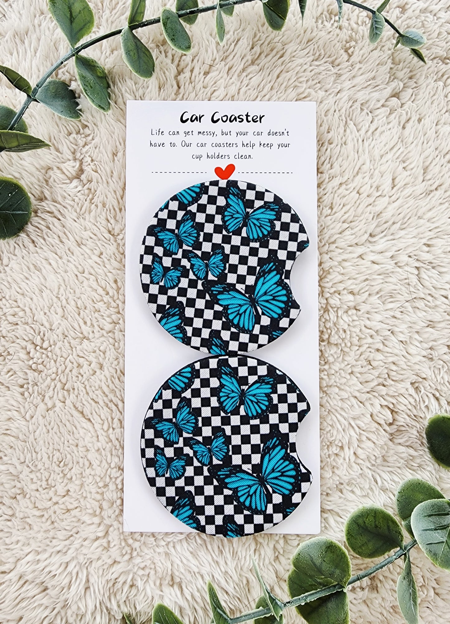 Checkered Butterflies - Neoprene Car Coasters