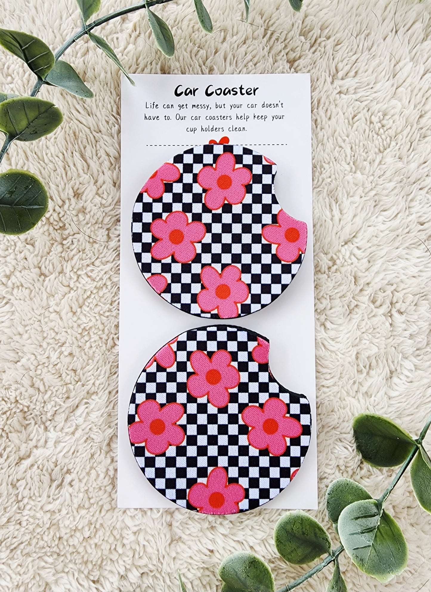 Checkered Pink Flowers - Neoprene Car Coasters