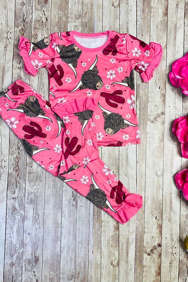 Youth Pink Cow Ruffle Pajamas - printed two piece girls pajamas sets