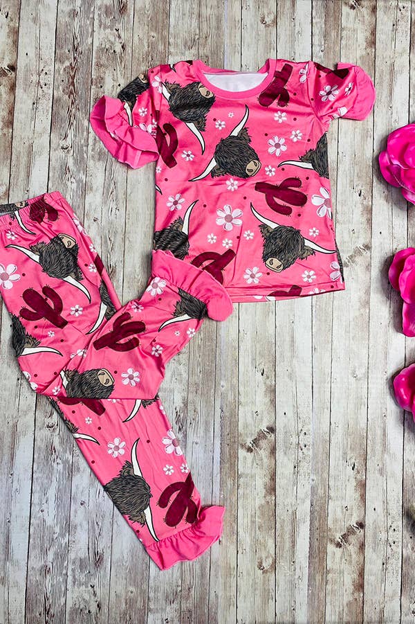 Youth Pink Cow Ruffle Pajamas - printed two piece girls pajamas sets
