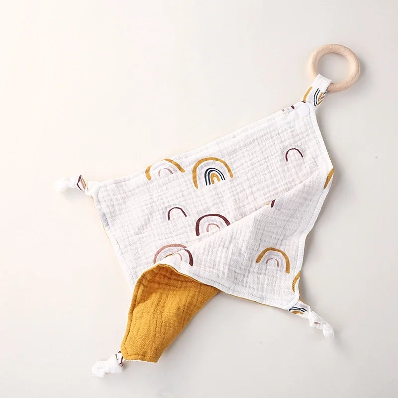 Muslin Baby Towel/Lovey with Wooden Teether - Multiple Colors!