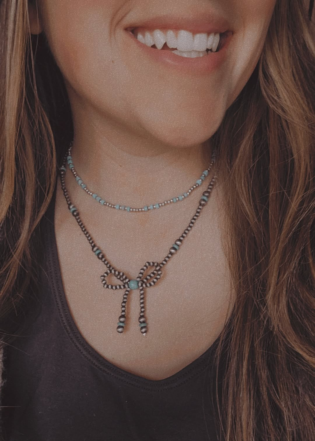 Ribbon Style Turquoise Faux Navajo Pearl Beads Necklace