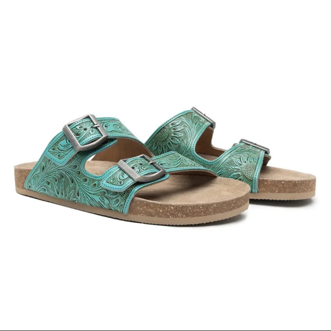 Blue Tooled Leather Sandals - PRE-ORDER