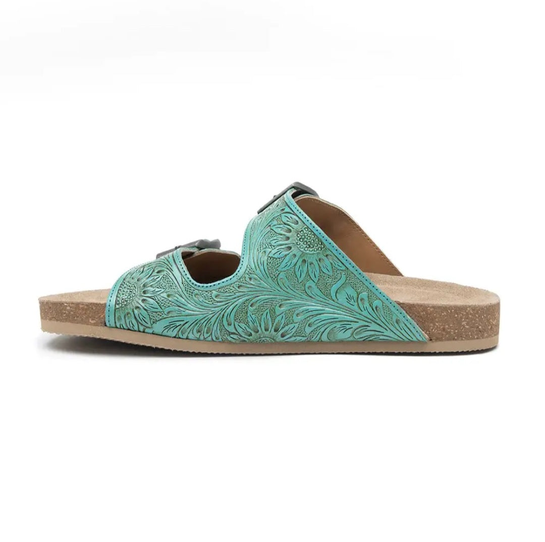 Blue Tooled Leather Sandals - PRE-ORDER