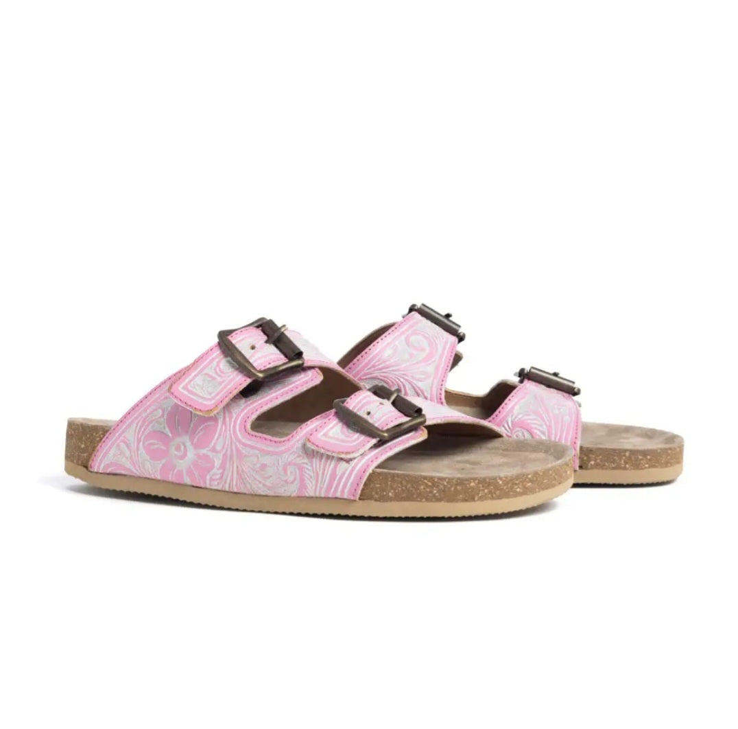 Pink Tooled Leather Sandals - PRE-ORDER
