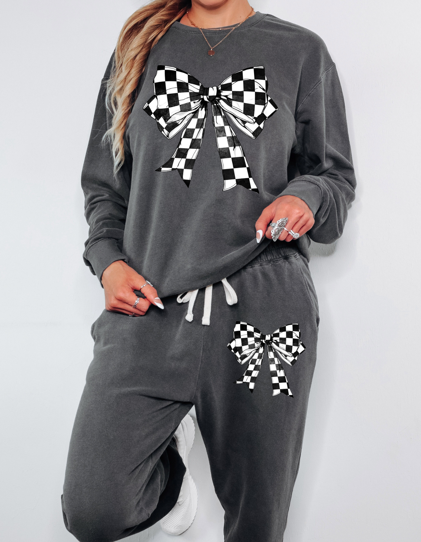 Checkered Bow, Comfort Colors Matching Set - Multiple Colors