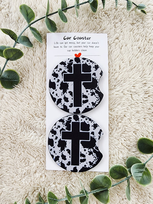 Black Cowprint Cross - Neoprene Car Coasters