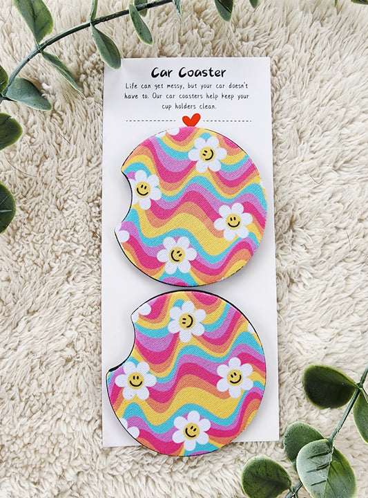 Retro Rainbow Daisies - Neoprene Car Coasters
