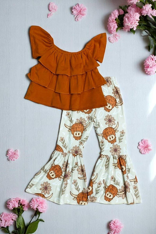 Ruffle Top and Cow Flare Pant Set - Brown off shoulder top cow printed bell bottom 2pc girls set
