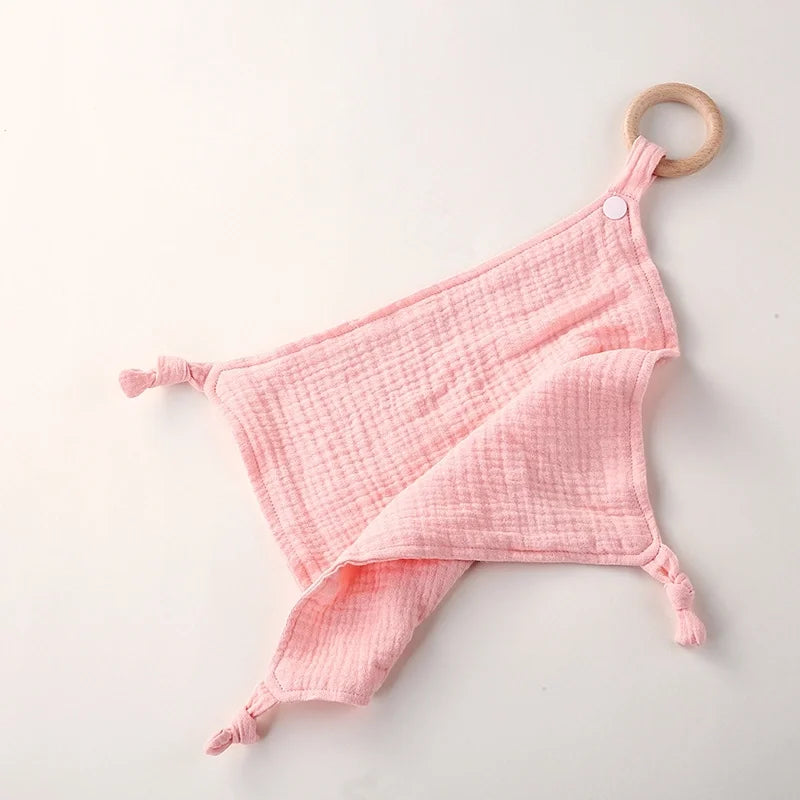 Muslin Baby Towel/Lovey with Wooden Teether - Multiple Colors!