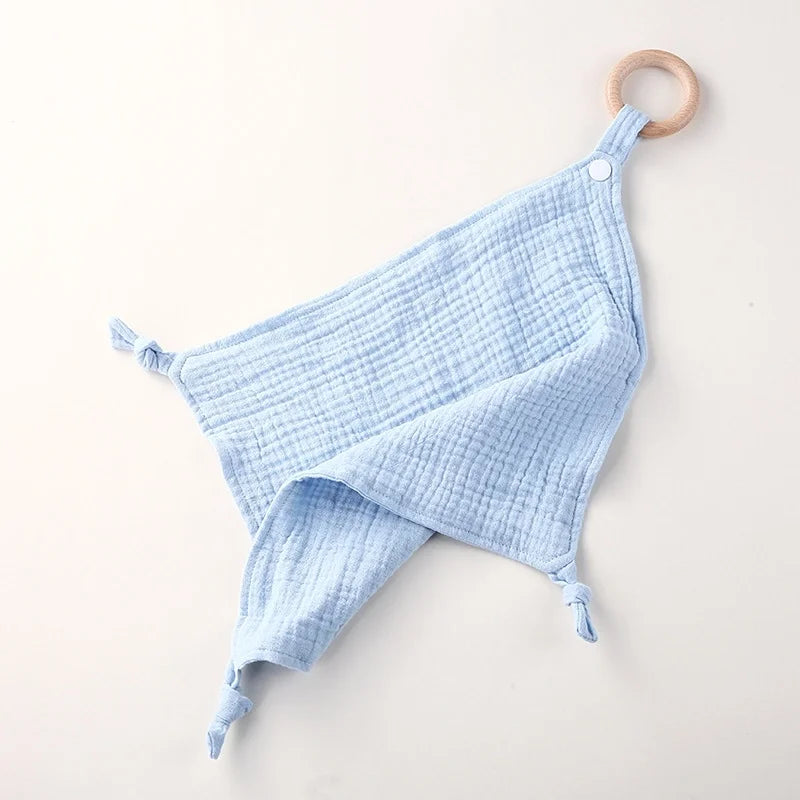 Muslin Baby Towel/Lovey with Wooden Teether - Multiple Colors!