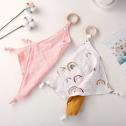 Muslin Baby Towel/Lovey with Wooden Teether - Multiple Colors!