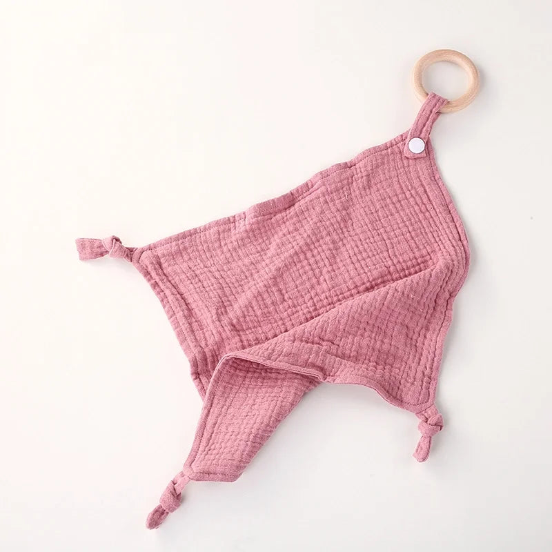 Muslin Baby Towel/Lovey with Wooden Teether - Multiple Colors!