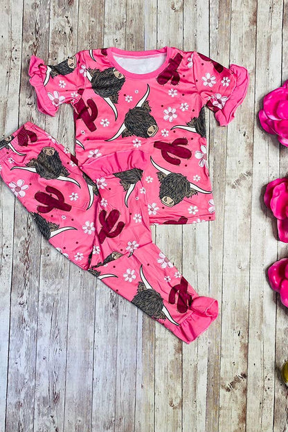 Youth Pink Cow Ruffle Pajamas -  printed two piece girls pajamas sets