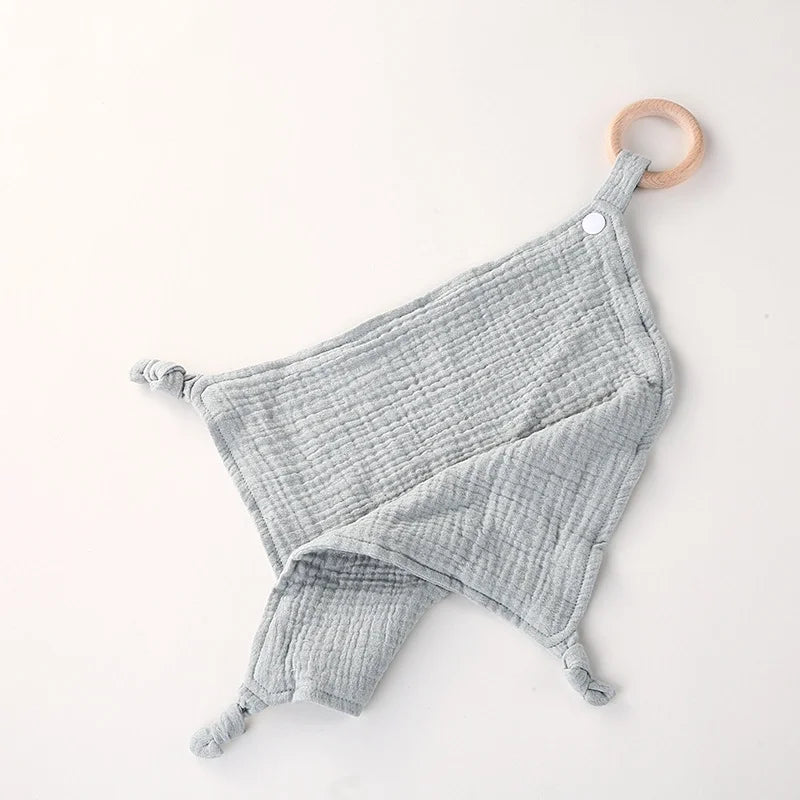 Muslin Baby Towel/Lovey with Wooden Teether - Multiple Colors!