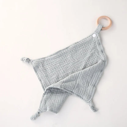 Muslin Baby Towel/Lovey with Wooden Teether - Multiple Colors!