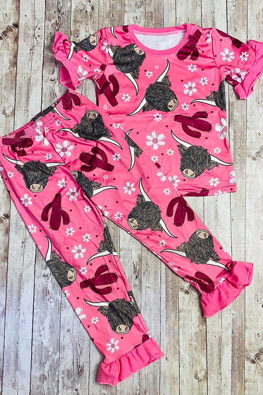 Youth Pink Cow Ruffle Pajamas -  printed two piece girls pajamas sets