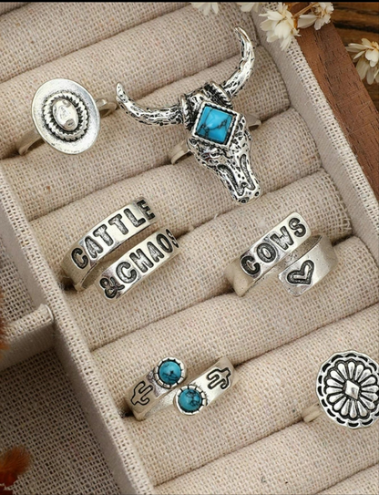 Set of 6 Western Turquoise Rings - Adjustable