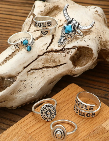 Set of 6 Western Turquoise Rings - Adjustable