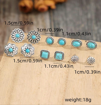 Set of 6 Western Turquoise Stud Earrings