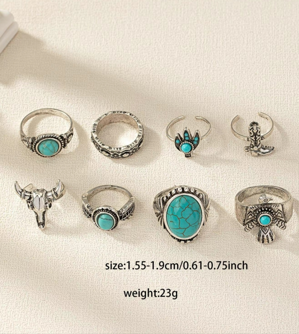 Set of 8 Assorted Turquoise Western Rings - Various Sizes