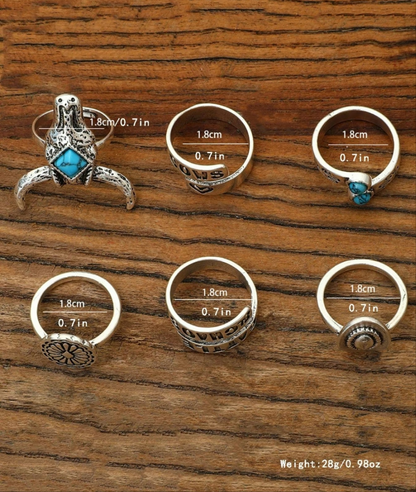 Set of 6 Western Turquoise Rings - Adjustable