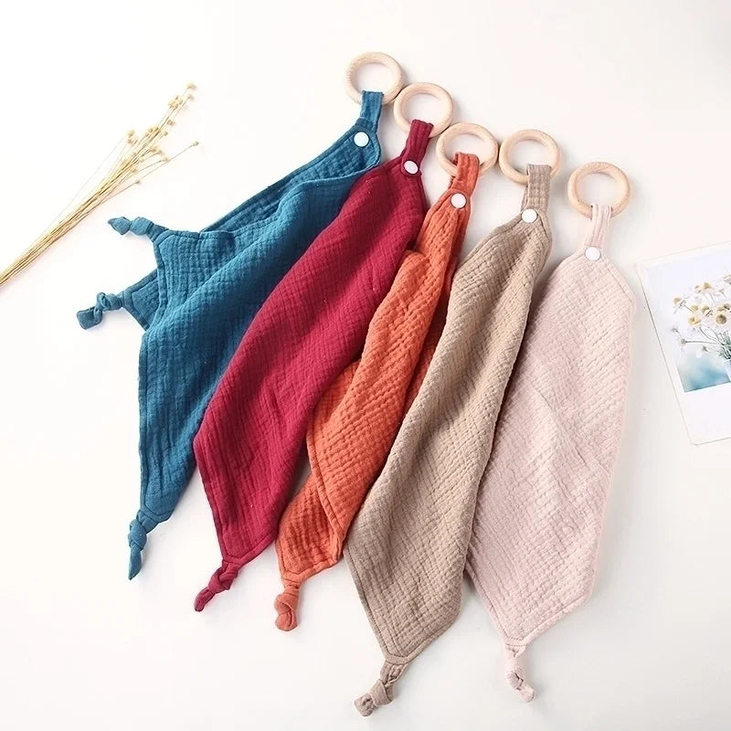 Muslin Baby Towel/Lovey with Wooden Teether - Multiple Colors!