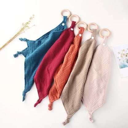 Muslin Baby Towel/Lovey with Wooden Teether - Multiple Colors!