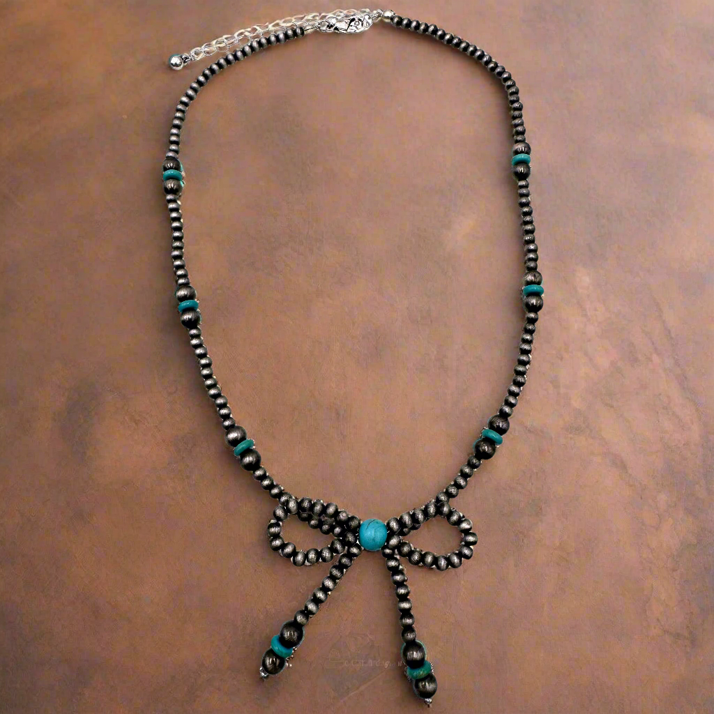 Ribbon Style Turquoise Faux Navajo Pearl Beads Necklace