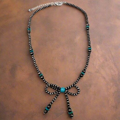 Ribbon Style Turquoise Faux Navajo Pearl Beads Necklace