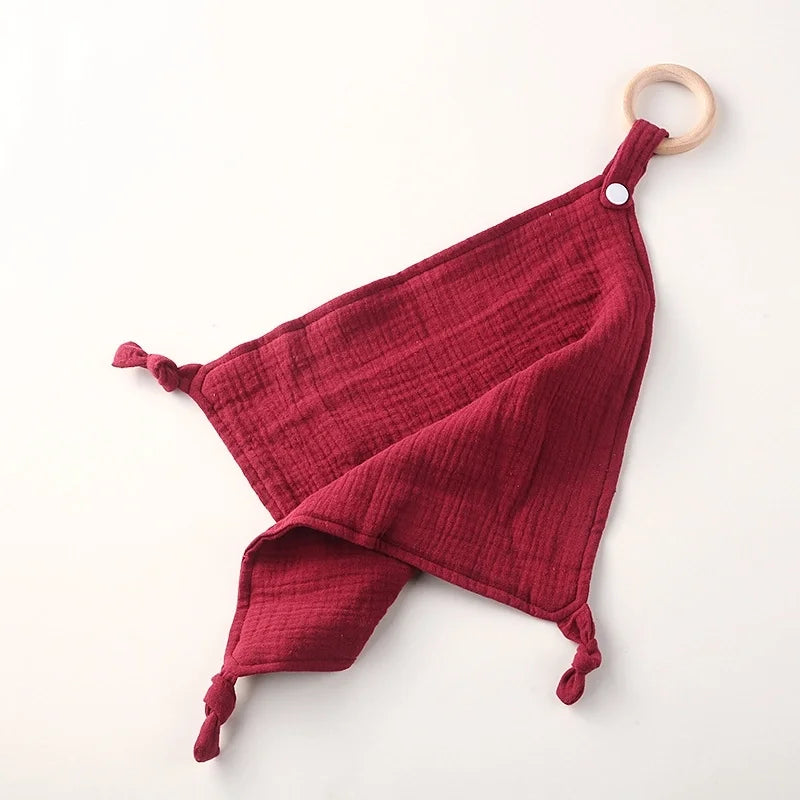Muslin Baby Towel/Lovey with Wooden Teether - Multiple Colors!