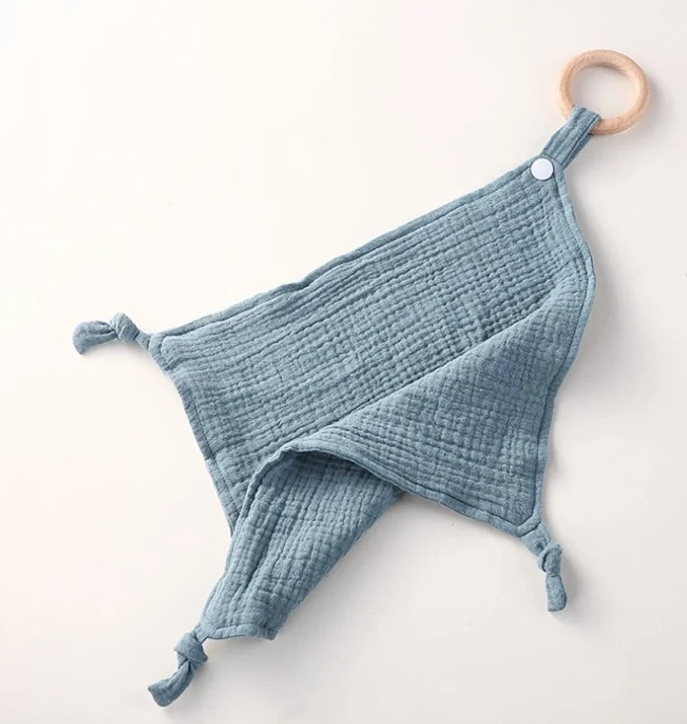 Muslin Baby Towel/Lovey with Wooden Teether - Multiple Colors!