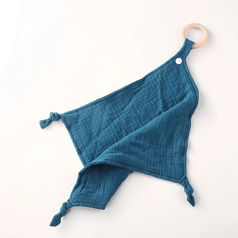 Muslin Baby Towel/Lovey with Wooden Teether - Multiple Colors!