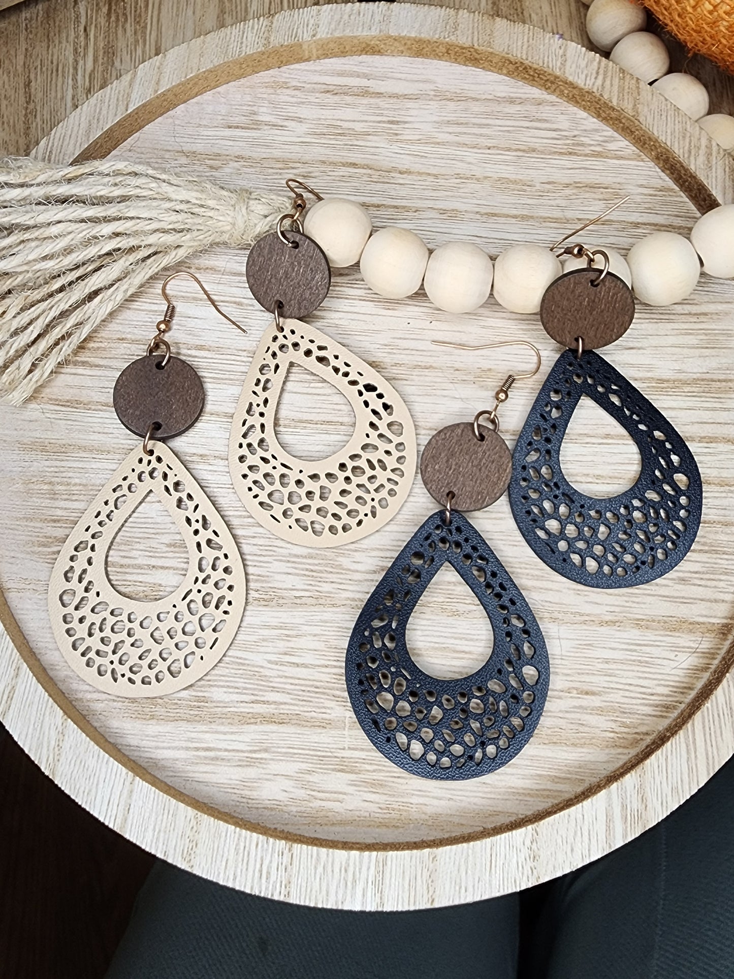 Leather and Wood Cut Out Earrings