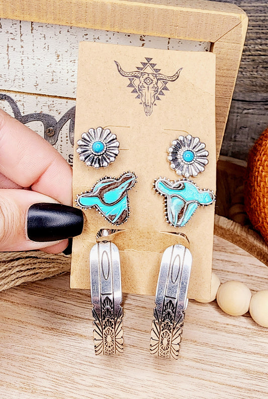 Set of 3 Western Turquoise Earrings