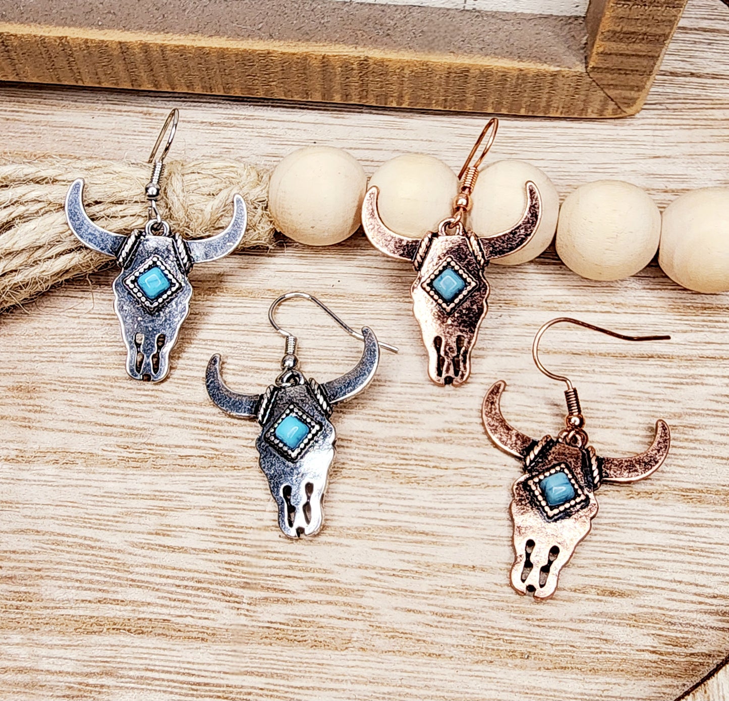 Silver and Rose Gold Turquoise Cow Head Earrings