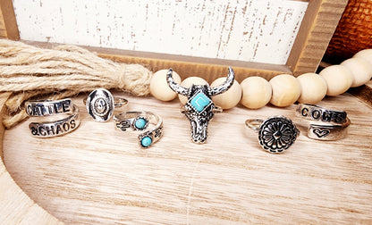 Set of 6 Western Turquoise Rings - Adjustable