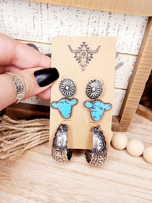 Set of 3 Western Turquoise Earrings