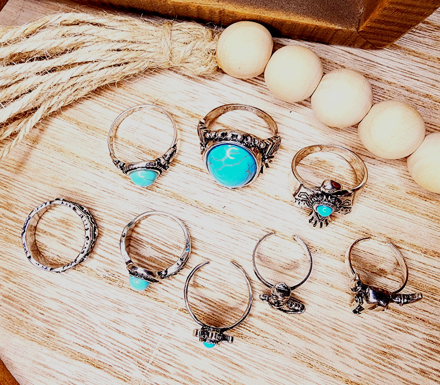 Set of 8 Assorted Turquoise Western Rings - Various Sizes