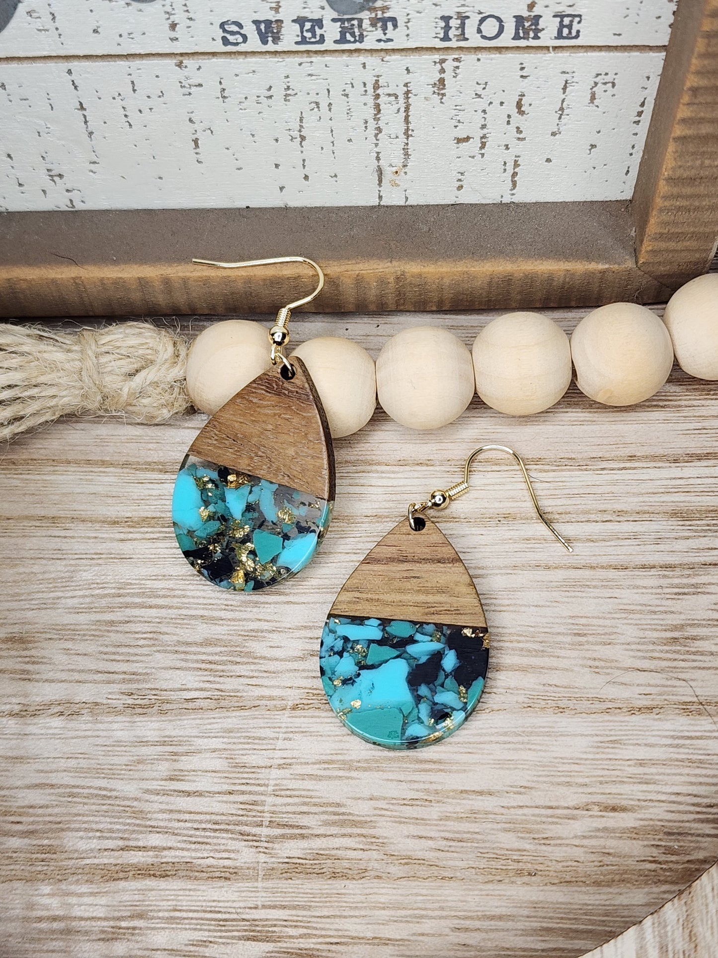 Turquoise Resin Gold Flake Teardrop Earrings