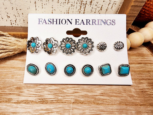 Set of 6 Western Turquoise Stud Earrings