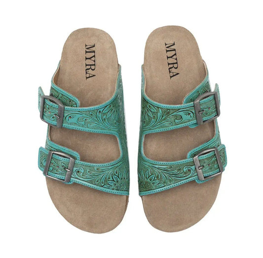 Blue Tooled Leather Sandals - PRE-ORDER