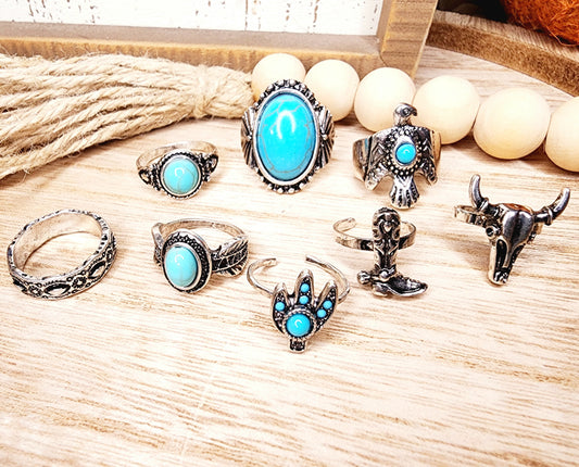 Set of 8 Assorted Turquoise Western Rings - Various Sizes