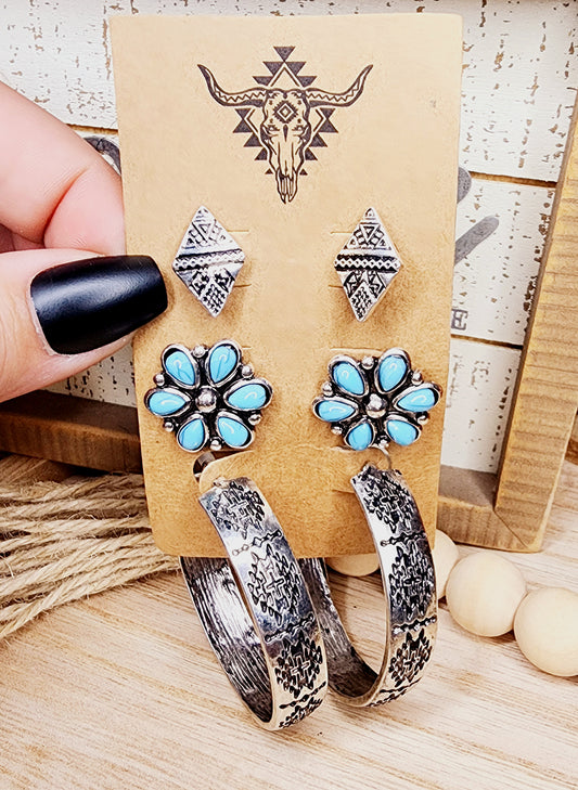 Set of 3 Western Turquoise Earrings