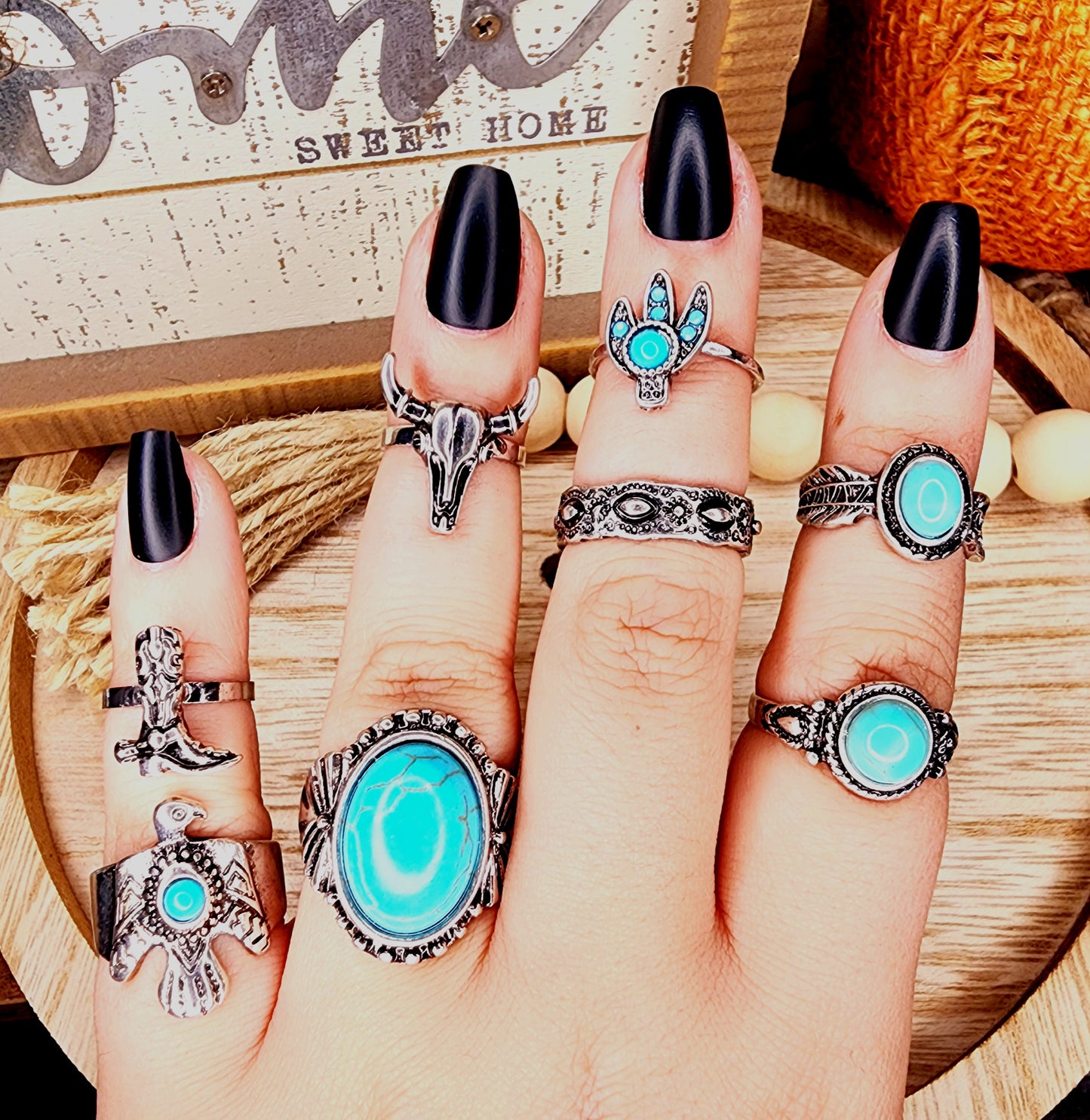 Set of 8 Assorted Turquoise Western Rings - Various Sizes